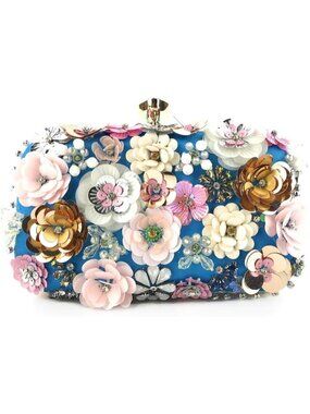 Women Blue Clutches Top Flower Chain Strap Evening Handbag Shoulder Bag